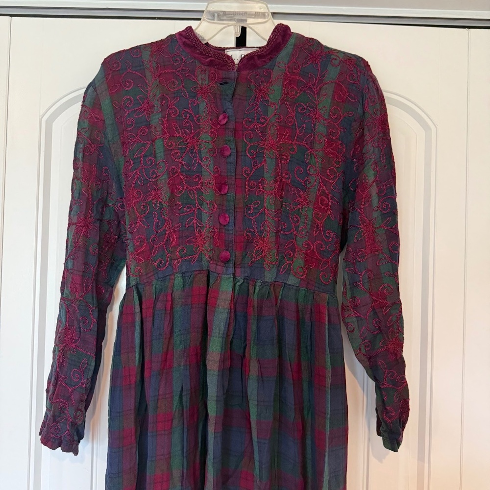 Vintage LGS 1990s Plaid Embroidered Tie Waist Maxi Dress Velvet Trim